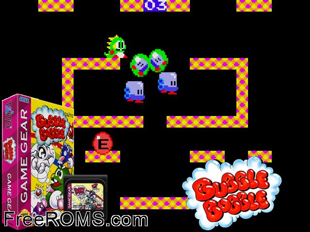 Bubble Bobble Game Gear game showing 3D box cover and gameplay screenshot