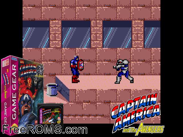 Captain America and the Avengers Game Gear game showing 3D box cover and gameplay screenshot