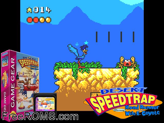 Desert Speedtrap Game Gear game showing 3D box cover and gameplay screenshot