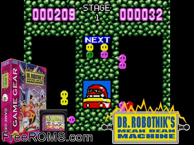 Dr Robotnik's Mean Bean Machine Game Gear game showing 3D box cover and gameplay screenshot