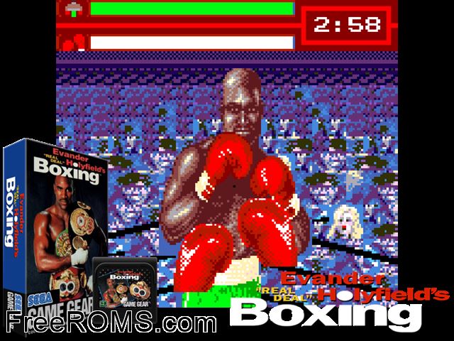 Evander Holyfield's Boxing Game Gear game showing 3D box cover and gameplay screenshot