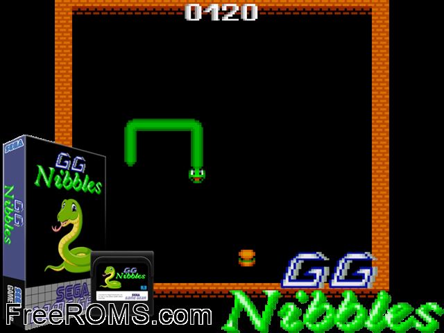 GG Nibbles by Martin Konrad (v2) Game Gear game showing 3D box cover and gameplay screenshot
