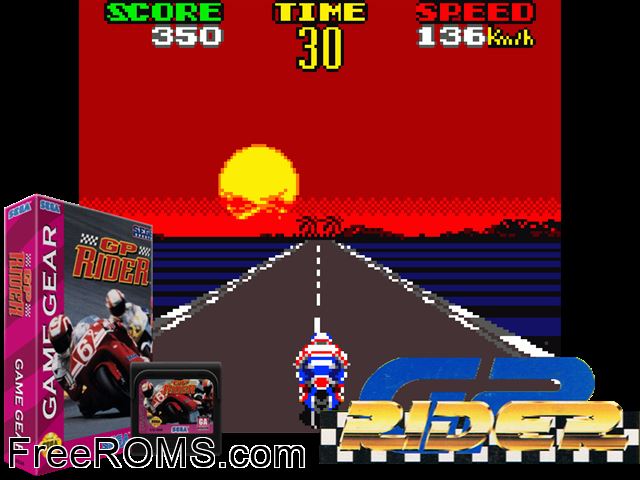 GP Rider Game Gear game showing 3D box cover and gameplay screenshot