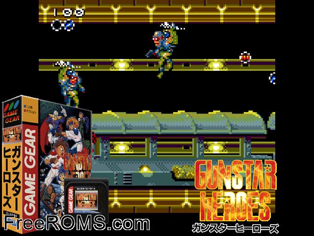 Gunstar Heroes Jap Game Gear game showing 3D box cover and gameplay screenshot