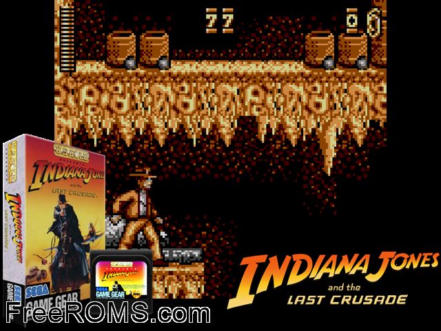 Indiana Jones and the Last Crusade Game Gear game showing 3D box cover and gameplay screenshot