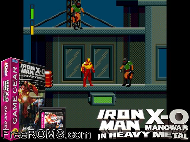 Iron Man X-O Manowar in Heavy Metal Game Gear game showing 3D box cover and gameplay screenshot
