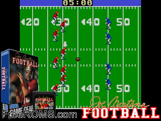 Joe Montana's Football Game Gear game showing 3D box cover and gameplay screenshot