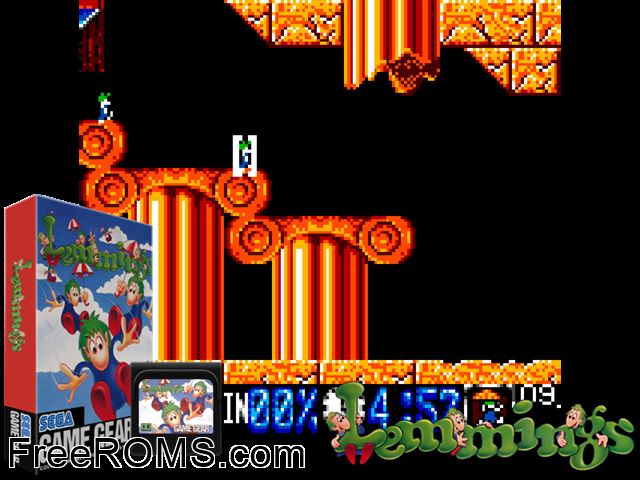 Lemmings Game Gear game showing 3D box cover and gameplay screenshot