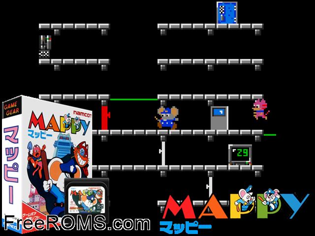 Mappy Jap Game Gear game showing 3D box cover and gameplay screenshot