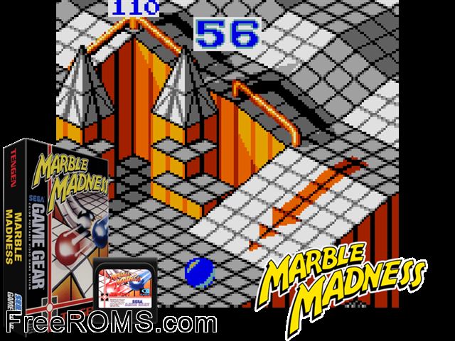 Marble Madness Game Gear game showing 3D box cover and gameplay screenshot
