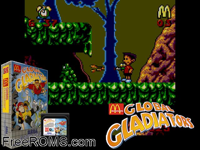 Mick and Mack as the Global Gladiators Game Gear game showing 3D box cover and gameplay screenshot