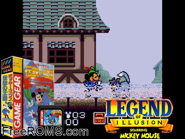 Mickey Mouse in Legend of Illusion Jap Game Gear game showing 3D box cover and gameplay screenshot