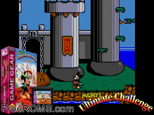 Mickey's Ultimate Challenge Game Gear game showing 3D box cover and gameplay screenshot