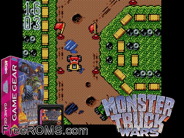Monster Truck Wars Game Gear game showing 3D box cover and gameplay screenshot