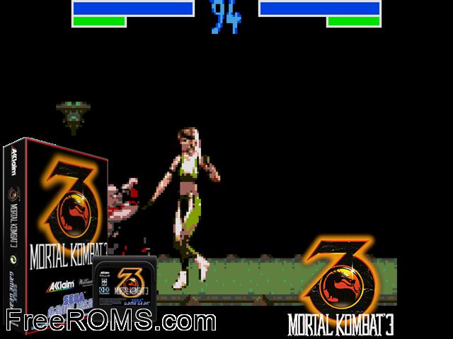 Mortal Kombat 3 Game Gear game showing 3D box cover and gameplay screenshot