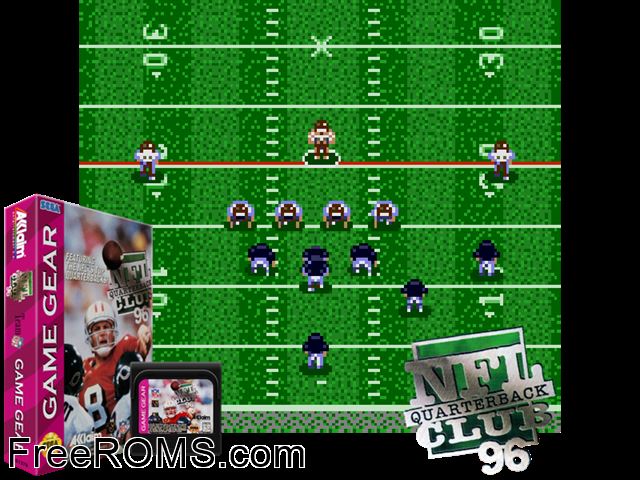 NFL Quarterback Club '96 Game Gear game showing 3D box cover and gameplay screenshot