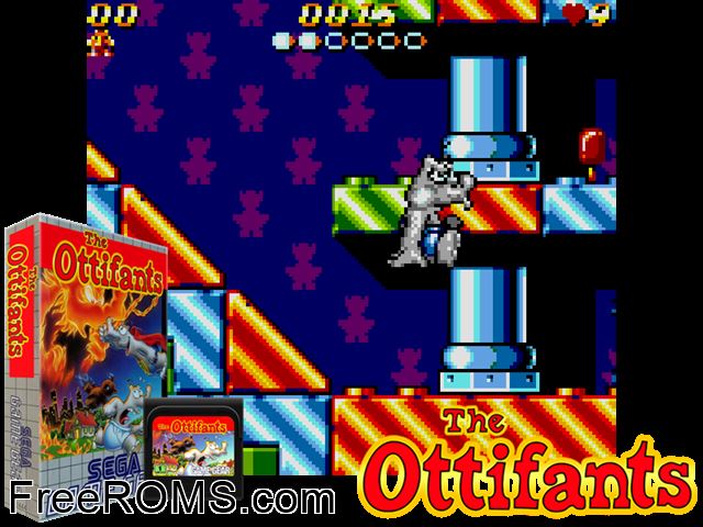 Ottifants, The Game Gear game showing 3D box cover and gameplay screenshot