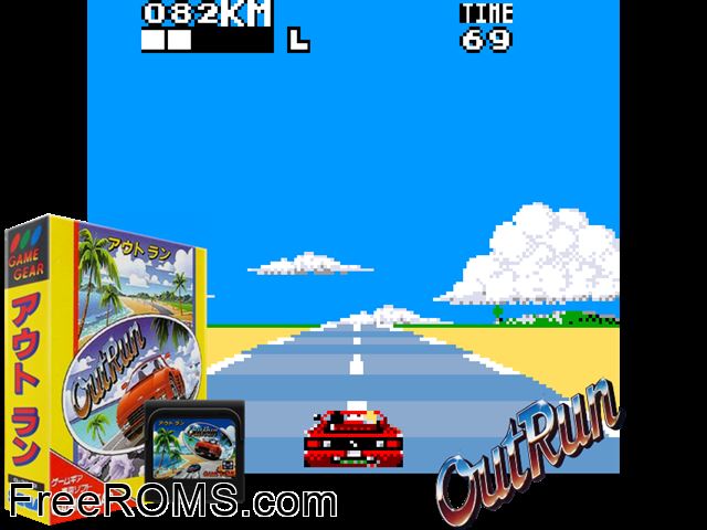 OutRun Game Gear game showing 3D box cover and gameplay screenshot
