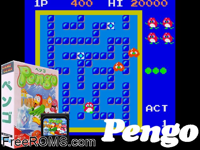 Pengo Jap Game Gear game showing 3D box cover and gameplay screenshot