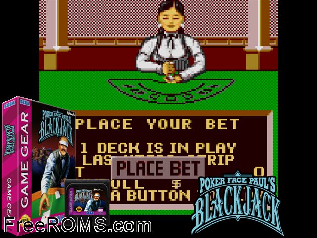 Poker Faced Paul's Blackjack Game Gear game showing 3D box cover and gameplay screenshot