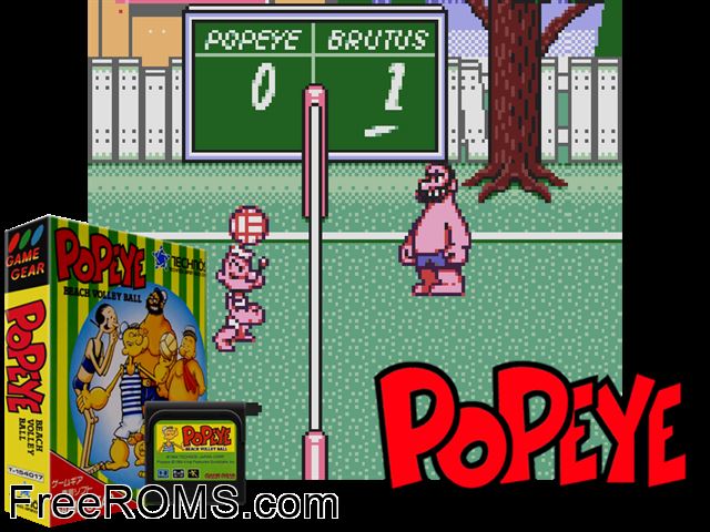 Popeye's Beach Volleyball Jap Game Gear game showing 3D box cover and gameplay screenshot