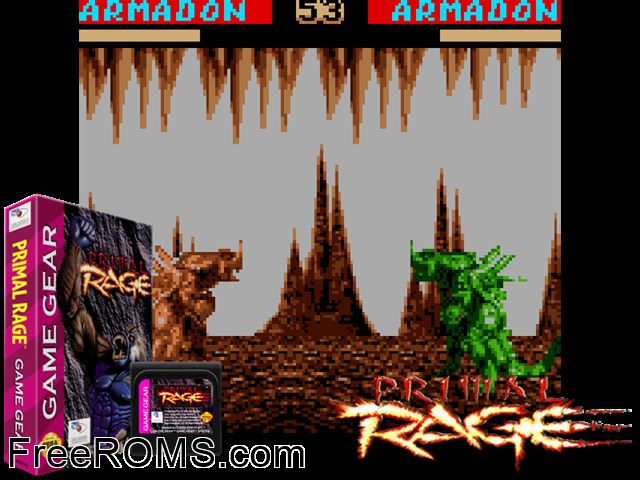 Primal Rage Game Gear game showing 3D box cover and gameplay screenshot