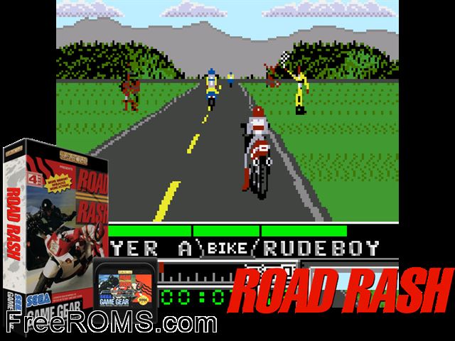 Road Rash Game Gear game showing 3D box cover and gameplay screenshot