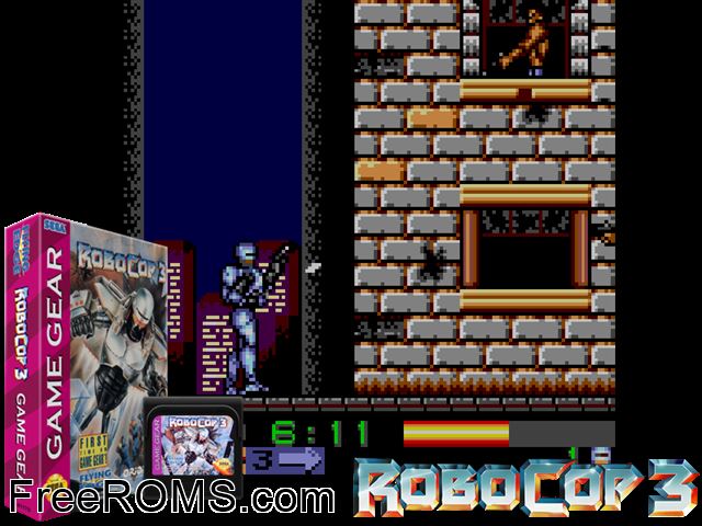 Robocop 3 Game Gear game showing 3D box cover and gameplay screenshot