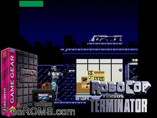 Robocop vs the Terminator Game Gear game showing 3D box cover and gameplay screenshot