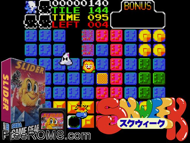 Slider Game Gear game showing 3D box cover and gameplay screenshot