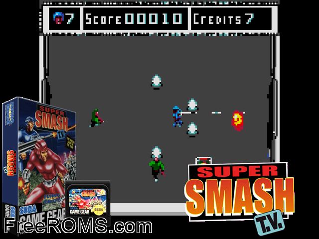 Smash TV Game Gear game showing 3D box cover and gameplay screenshot