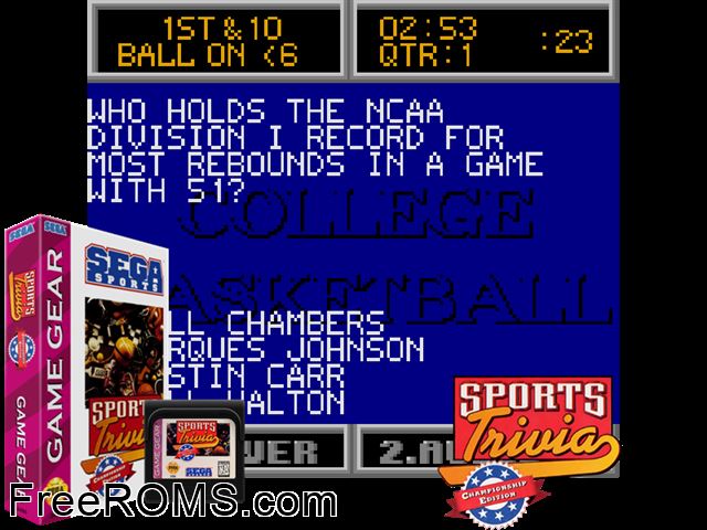 Sports Trivia - Championship Edition Game Gear game showing 3D box cover and gameplay screenshot