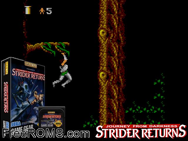 Strider Returns Game Gear game showing 3D box cover and gameplay screenshot