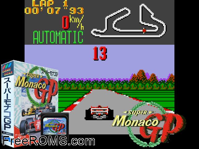 Super Monaco GP Jap Game Gear game showing 3D box cover and gameplay screenshot