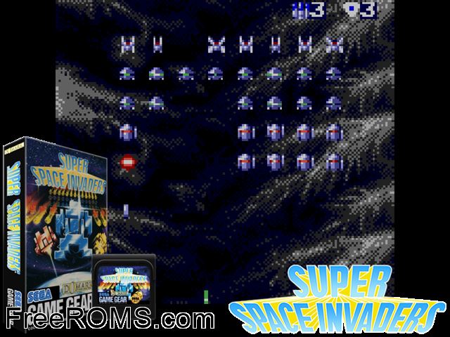 Super Space Invaders Game Gear game showing 3D box cover and gameplay screenshot