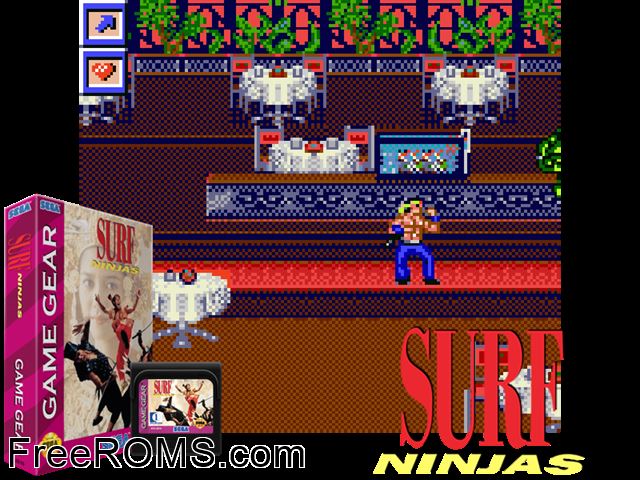 Surf Ninjas Game Gear game showing 3D box cover and gameplay screenshot