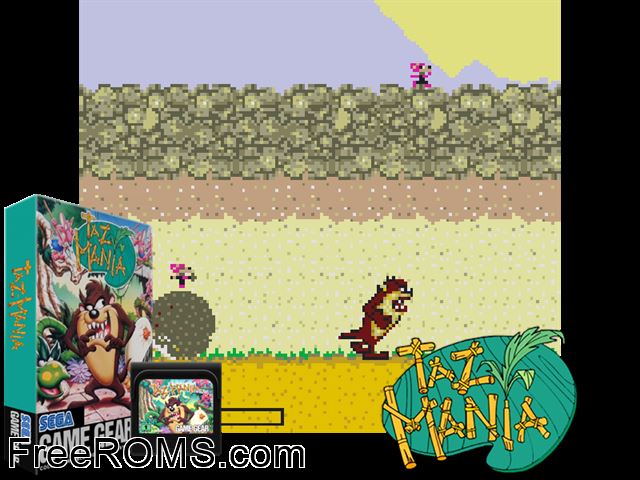 Taz-Mania - The Search for the Lost Seabirds Game Gear game showing 3D box cover and gameplay screenshot