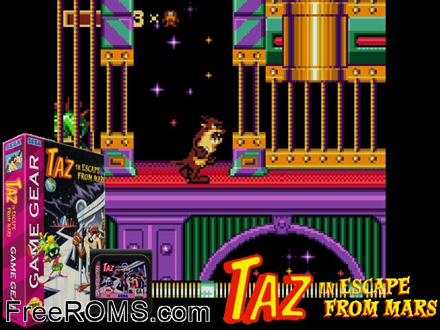 Taz in Escape from Mars Game Gear game showing 3D box cover and gameplay screenshot