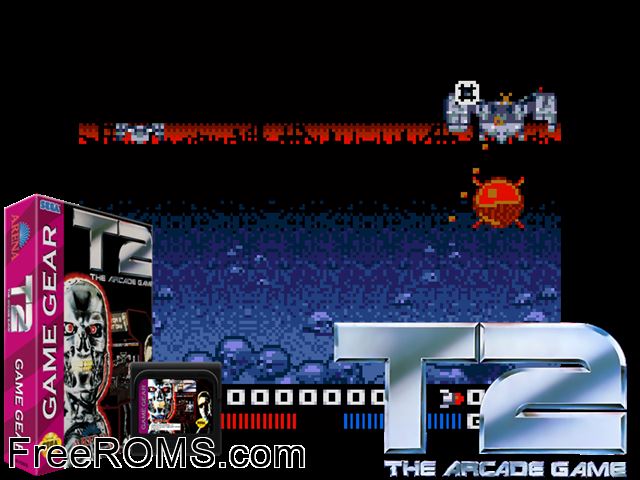 Terminator 2 - The Arcade Game Game Gear game showing 3D box cover and gameplay screenshot