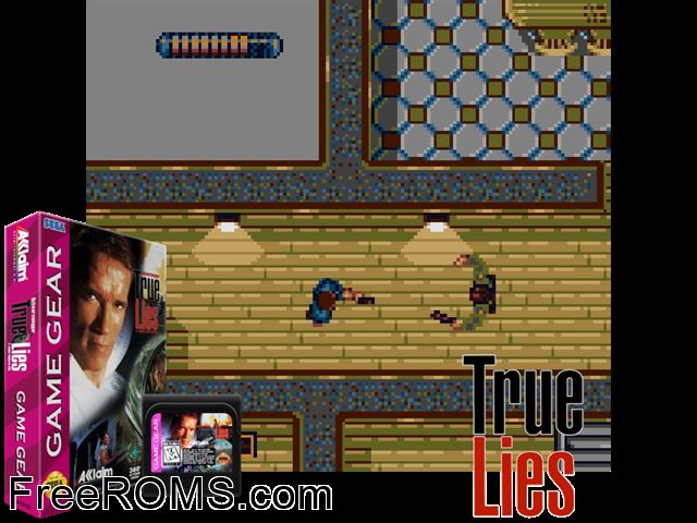 True Lies Game Gear game showing 3D box cover and gameplay screenshot