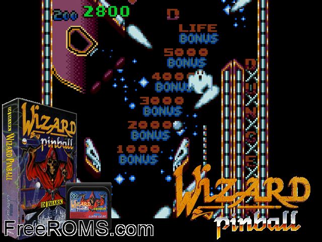 Wizard Pinball Game Gear game showing 3D box cover and gameplay screenshot