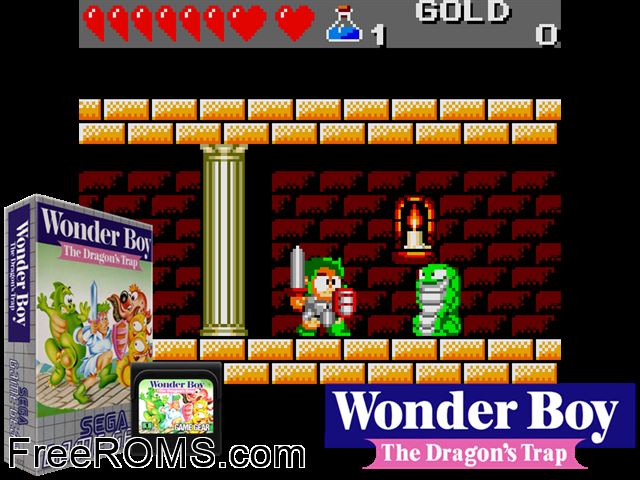 Wonderboy 3 - Dragon's Trap Game Gear game showing 3D box cover and gameplay screenshot