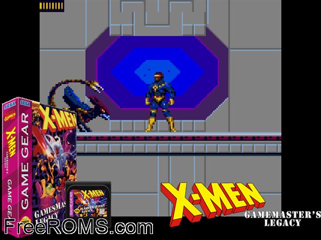 X-Men - Gamemaster's Legacy Game Gear game showing 3D box cover and gameplay screenshot