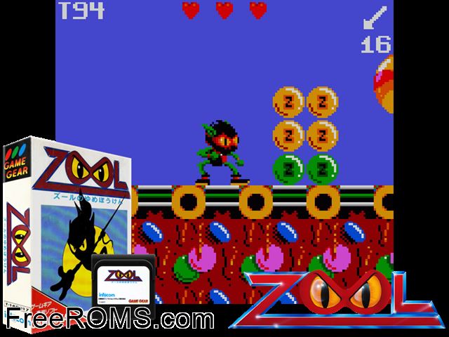 Zool Jap Game Gear game showing 3D box cover and gameplay screenshot