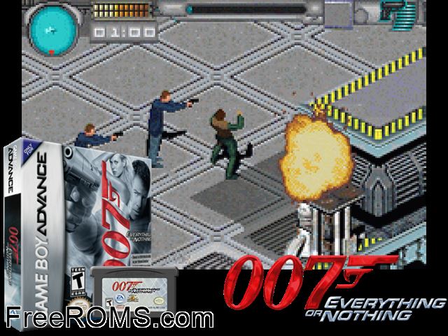 007 Everything Or Nothing (Japan) Gameboy Advance game showing 3D box cover and gameplay screenshot