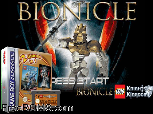 2 Games In 1 - Bionicle + Knights' Kingdom Gameboy Advance game showing 3D box cover and gameplay screenshot