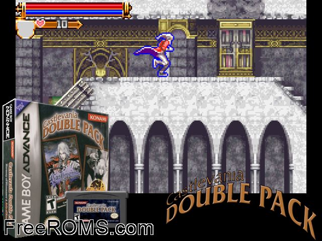 2 Games In 1 - Castlevania - Harmony Of Dissonance + Castlevania - Aria Of Sorrow Gameboy Advance game showing 3D box cover and gameplay screenshot