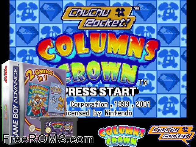2 Games In 1 - Columns Crown + Chu Chu Rocket! Gameboy Advance game showing 3D box cover and gameplay screenshot
