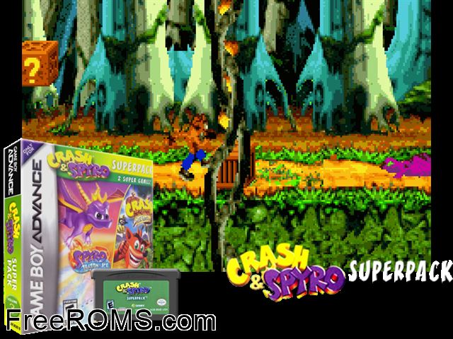 2 Games In 1 - Crash And Spyro Super Pack - Spyro - Season Of Ice + Crash Bandicoot - The Huge Adventure Gameboy Advance game showing 3D box cover and gameplay screenshot