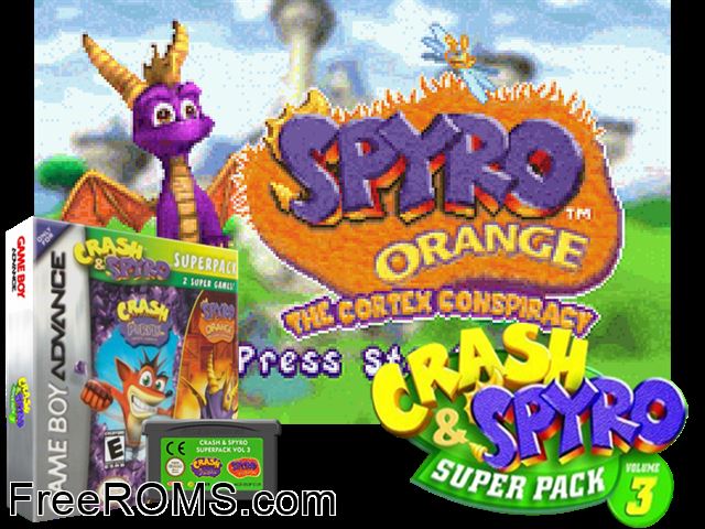 2 Games In 1 - Crash Bandicoot Purple - Ripto's Rampage + Spyro Orange - The Cortex Conspiracy Gameboy Advance game showing 3D box cover and gameplay screenshot
